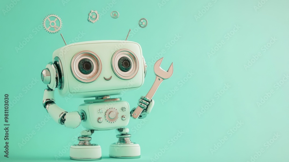 Poster a cute robot character holding a wrench, with gears floating above it, in a playful setting.