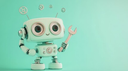 A cute robot character holding a wrench, with gears floating above it, in a playful setting.