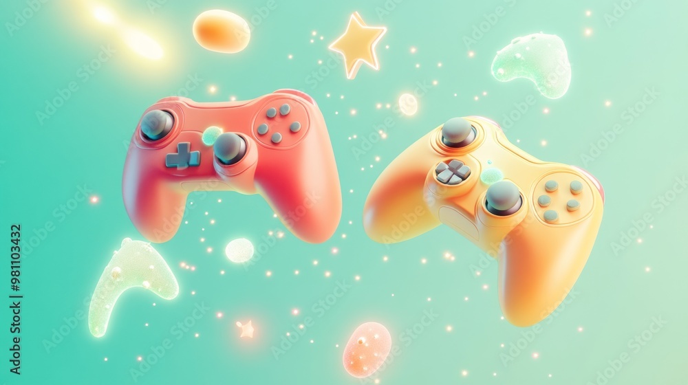 Poster two colorful game controllers floating in a whimsical, vibrant background.