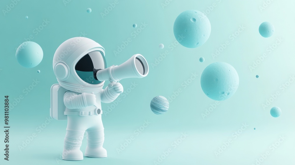 Poster a whimsical astronaut character observing floating celestial bodies with a telescope.