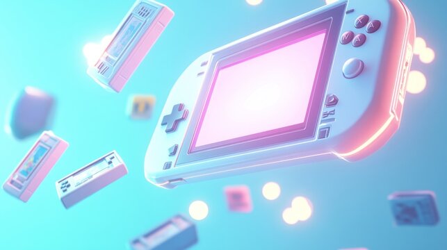 A stylized handheld gaming device surrounded by retro game cartridges in a vibrant setting.