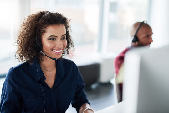 Computer, virtual assistant or African woman in call centre, telecom or tech support for customer care. Consultant, telemarketing or happy inbound agent in agency with loan advice, help or headset