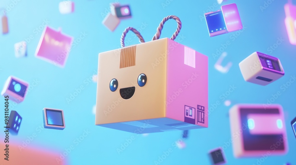 Poster a cheerful animated package with a smiling face, surrounded by floating tech items.