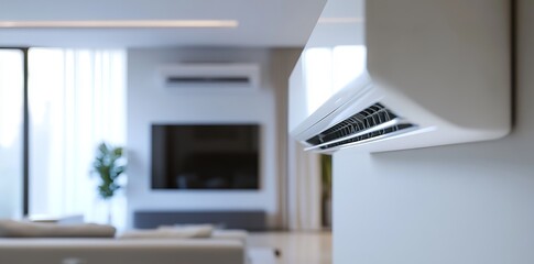 Hyper-Realistic Close-Up of Air Conditioner in Modern Living Room with Blurred Background AI generated illustration