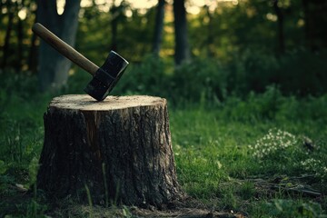 A Sledgehammer Resting on a Tree Stump in a Forest