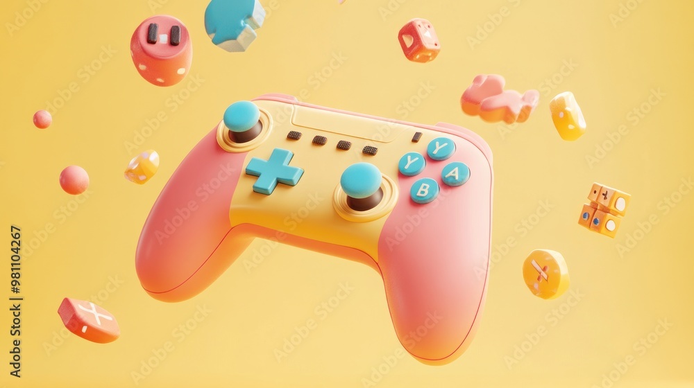 Poster a colorful game controller surrounded by playful gaming elements in a vibrant setting.