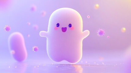 A cute, smiling character surrounded by abstract shapes representing germs or viruses.