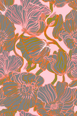Seamless pattern with watercolor Iceland poppies. Hand drawn autumn season decor with line art flowers silhouettes on pink background. Design for covers, packaging, textile, cards, fabric.