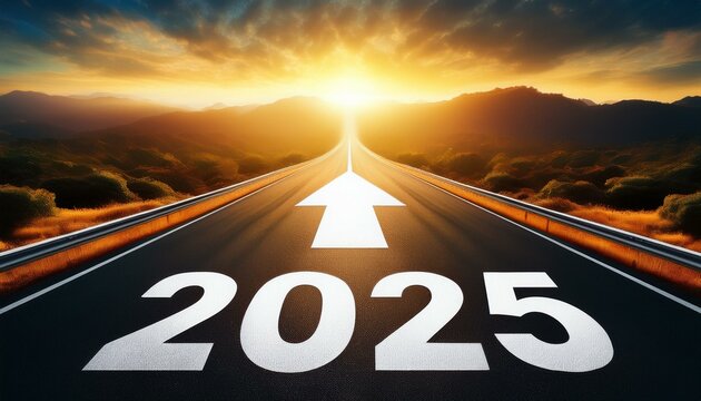 Road to 2025 with an empty road with written 2025 and arrow pointing towards 