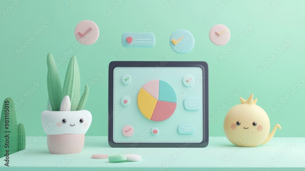Aufkleber a playful digital dashboard with pie chart and cute characters in a pastel setting.