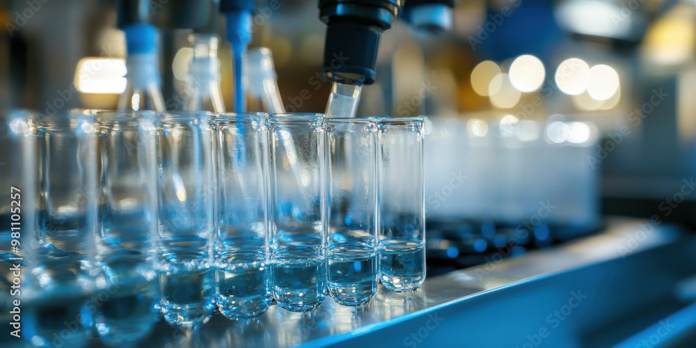 Poster image showcases laboratory setting where glass vials are being filled with liquid, highlighting prec