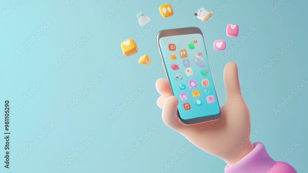 Poster a hand holding a smartphone with colorful app icons floating around it.