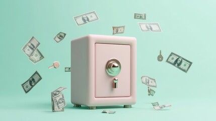 A pink safe surrounded by flying dollar bills, symbolizing savings and financial security.