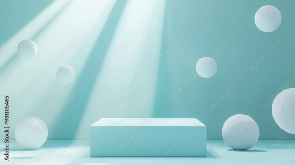 Poster a minimalistic scene featuring a light blue backdrop with floating spheres and a pedestal.