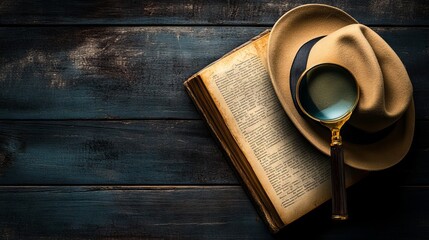 Elegant Detective-Themed Flat Lay with Old Book, Magnifying Glass, and Hat AI generated illustration