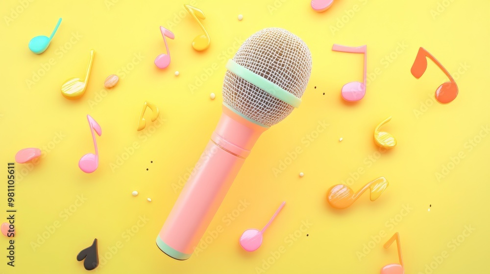 Canvas Prints A colorful microphone surrounded by musical notes on a bright yellow background.