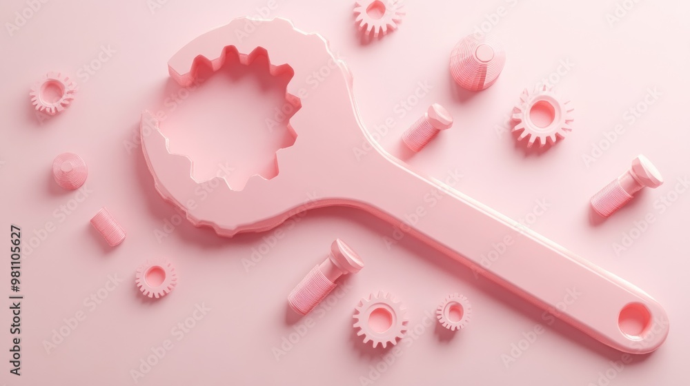 Sticker A pink wrench surrounded by gears and bolts, suggesting a playful approach to tools.