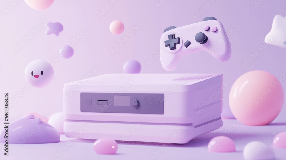 Poster a pastel gaming console with a matching controller, surrounded by playful shapes.