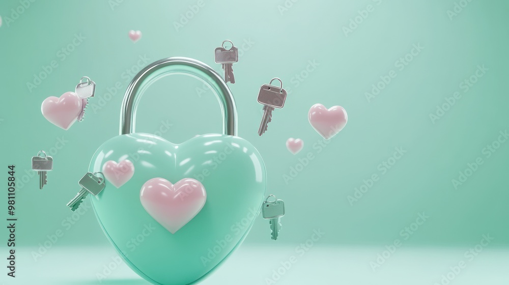 Wall mural A heart-shaped padlock surrounded by keys and hearts, symbolizing love and security.