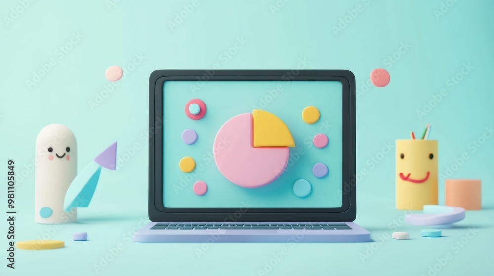 Aufkleber a colorful 3d illustration of a laptop displaying a pie chart and playful shapes.