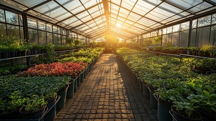 High-Resolution Greenhouse Interior with Plants and Sun Rays AI generated illustration