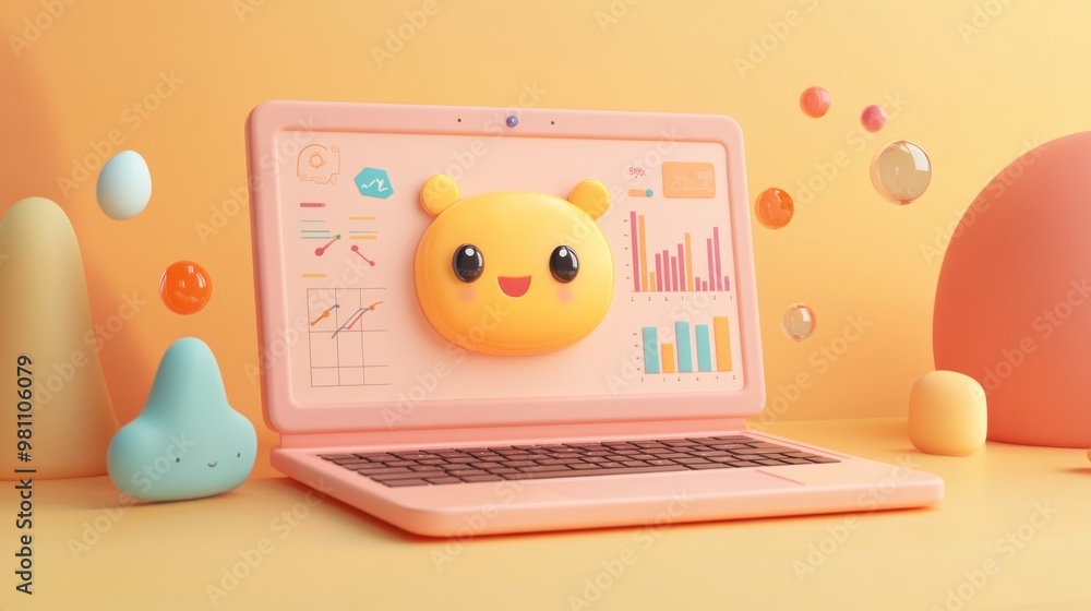 Poster a cute, animated laptop displaying graphs and data in a playful, colorful environment.