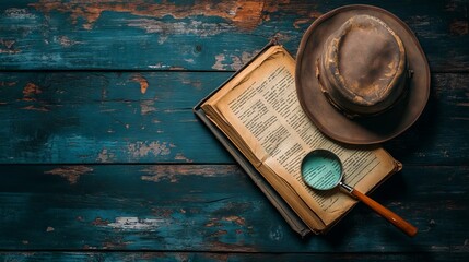 Elegant Detective-Themed Flat Lay with Old Book, Magnifying Glass, and Hat AI generated illustration