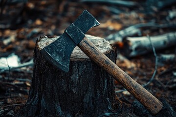 A weathered axe resting on a charred tree stump in a forest setting.