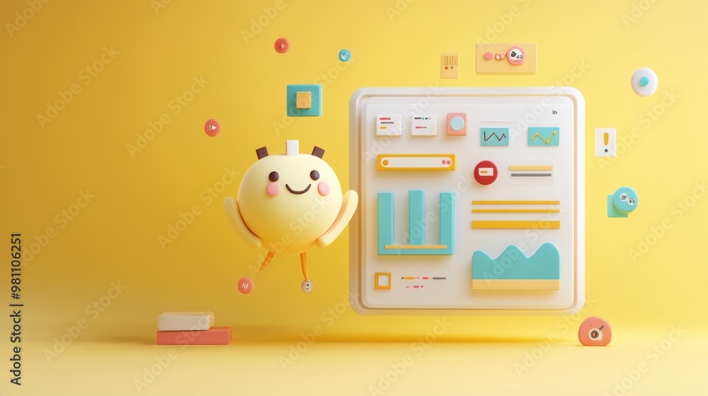 Poster a cheerful 3d character interacts with colorful digital interface elements on a bright background.