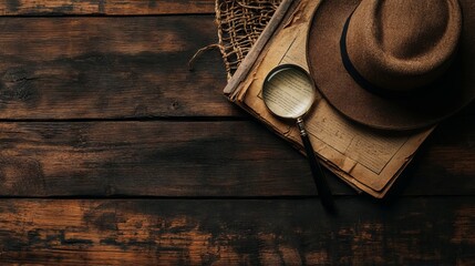 Elegant Detective-Themed Flat Lay with Old Book, Magnifying Glass, and Hat AI generated illustration