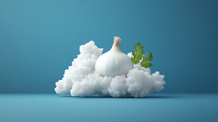 A fresh onion nestled among fluffy clouds, creating a whimsical culinary scene. Perfect for food styling and creative concepts.