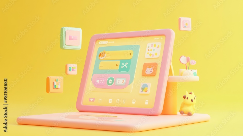 Sticker A colorful digital tablet with playful icons and a cute character, set against a bright background.