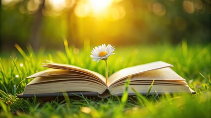 An open book lying on lush green grass with a delicate flower resting on top