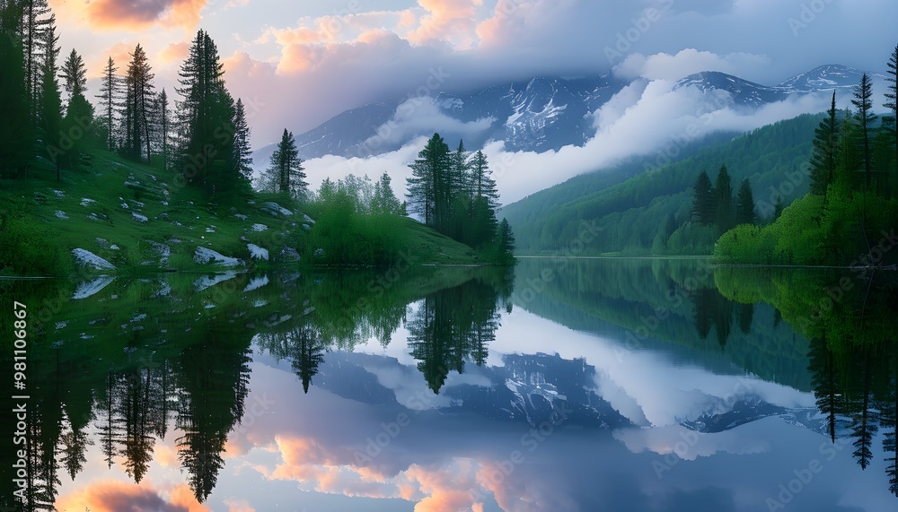 Wall mural Ethereal mountain landscape reflecting in a tranquil lake, surrounded by lush coniferous forests under a dreamy sunset sky