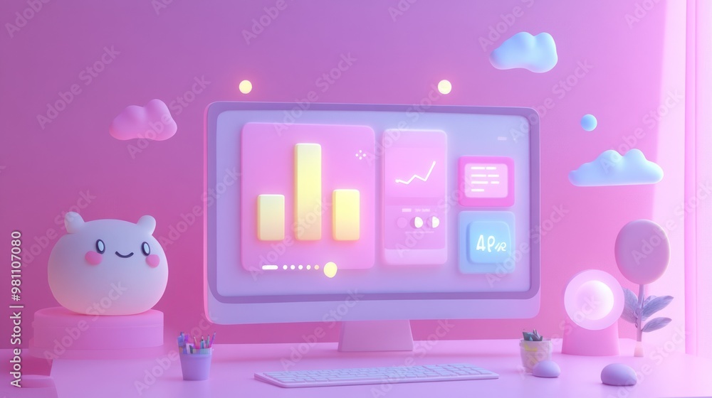 Poster a pastel-themed workspace with a computer displaying analytics and cute decor.