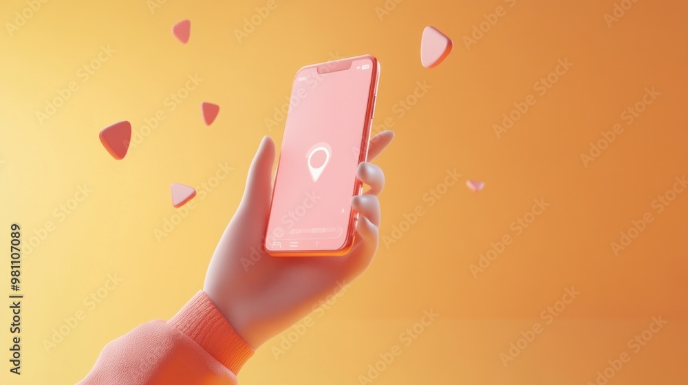 Poster a hand holding a smartphone displaying a location marker on a vibrant background.