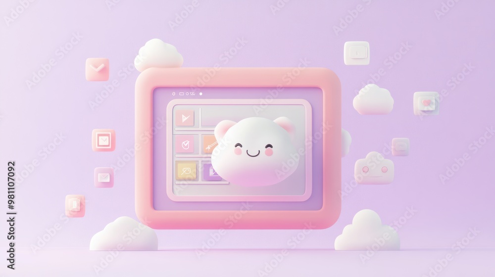 Aufkleber a cute, cloud-themed digital interface with a smiling character and floating icons.