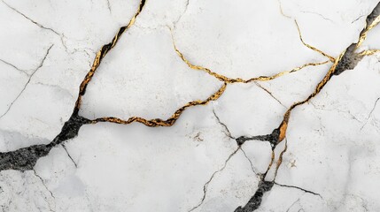 White Marble Texture with Golden Cracks and Black Veins for Luxury Decor. AI generated illustration