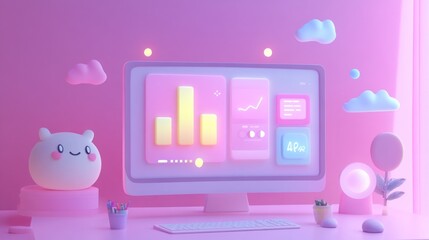 A pastel-themed workspace with a computer displaying analytics and cute decor.