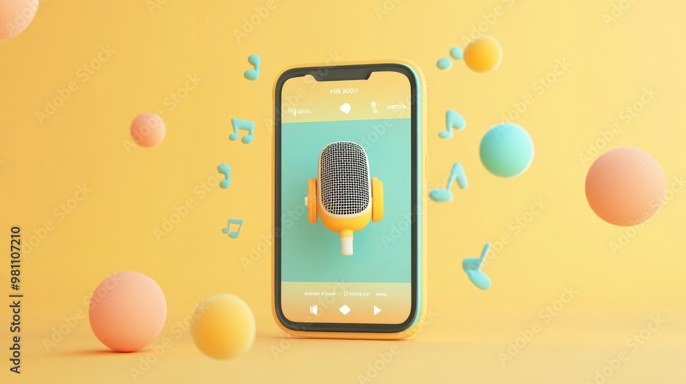 Poster a smartphone displaying a microphone with musical notes and colorful spheres on a vibrant background