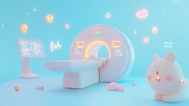 A whimsical MRI machine in a pastel environment, accompanied by a cute character.