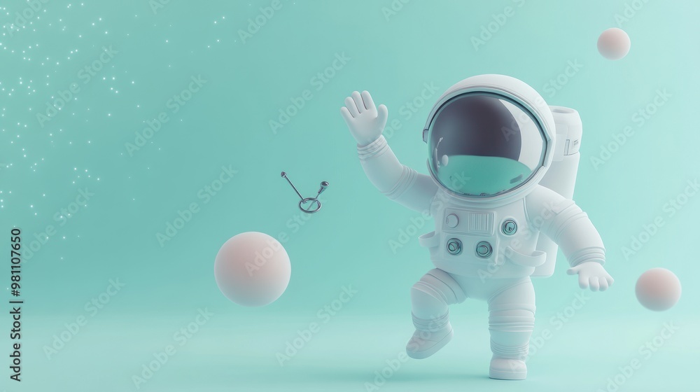 Poster a playful astronaut floating in a dreamy space with abstract spheres.
