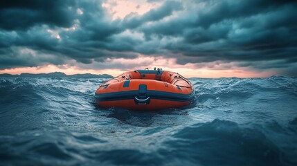 Lifeboat Floating in Stormy Seas with Dark Clouds in Cinematic Style. AI generated illustration