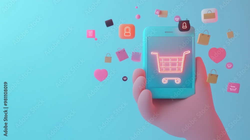 Poster a hand holding a smartphone displaying a shopping cart icon with various shopping-related icons.