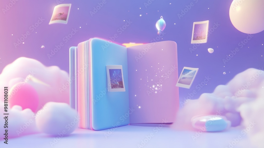 Sticker A whimsical open book surrounded by floating photos and soft clouds, evoking creativity.