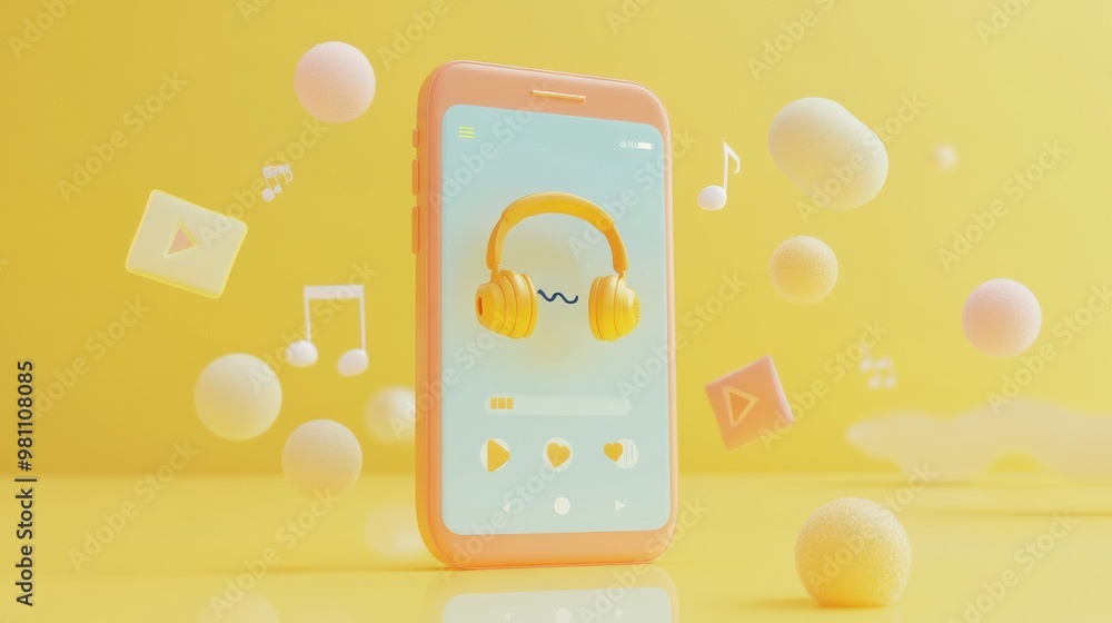 Poster a colorful smartphone displaying a music player interface with floating musical notes.