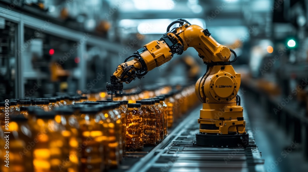 Poster robotic arm sorting various items on a factory assembly line during daytime operations