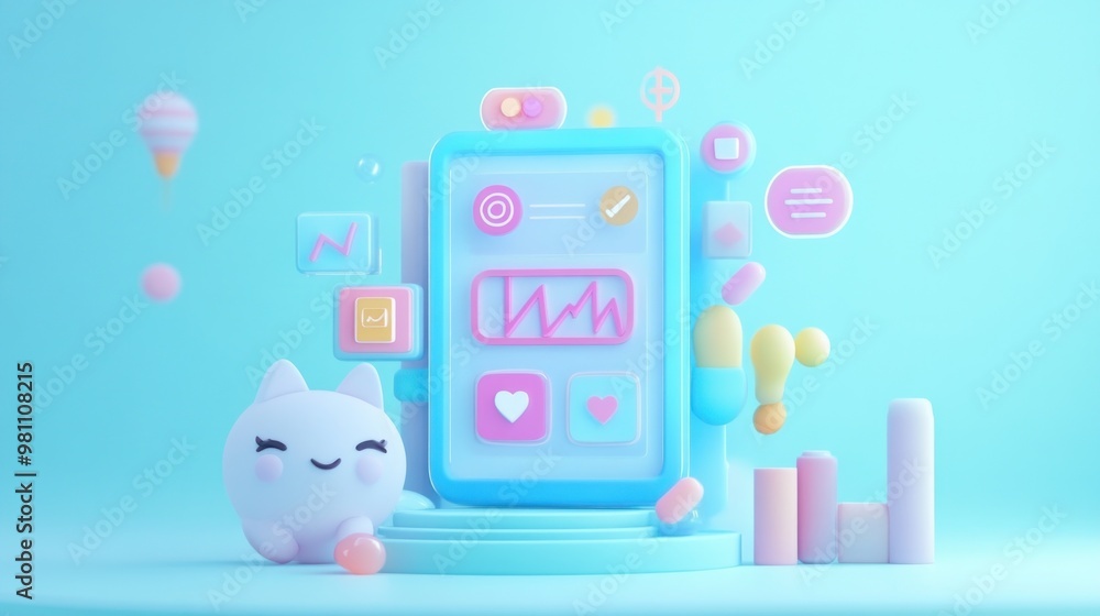 Aufkleber a cute character interacts with a colorful smartphone displaying data and charts.