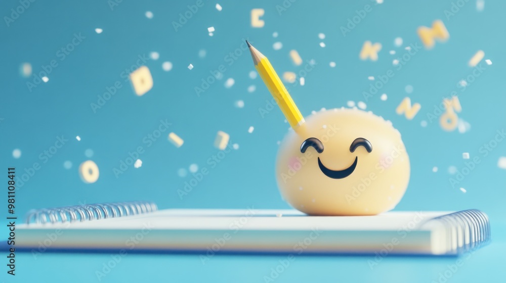 Aufkleber a cheerful pencil character sits on a notebook, surrounded by floating letters.