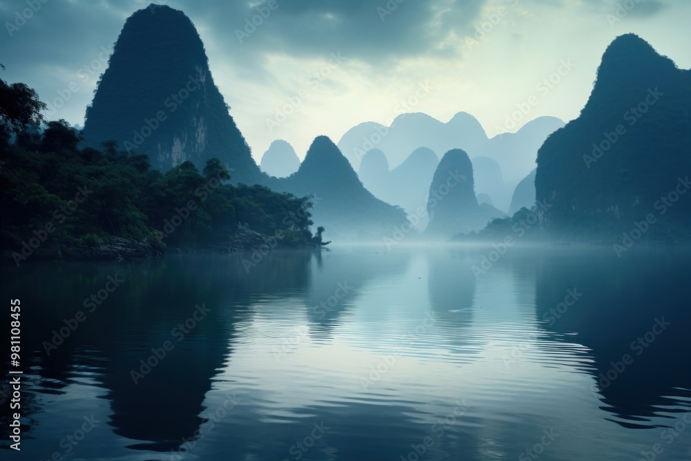 Poster guilin landscape panoramic outdoors.